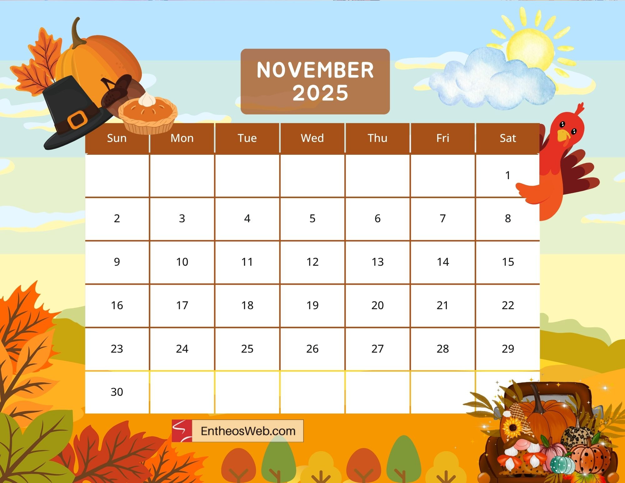 November 2025 Calendar Free Printables | Entheosweb with regard to November 2025 Calendar Thanksgiving Printable