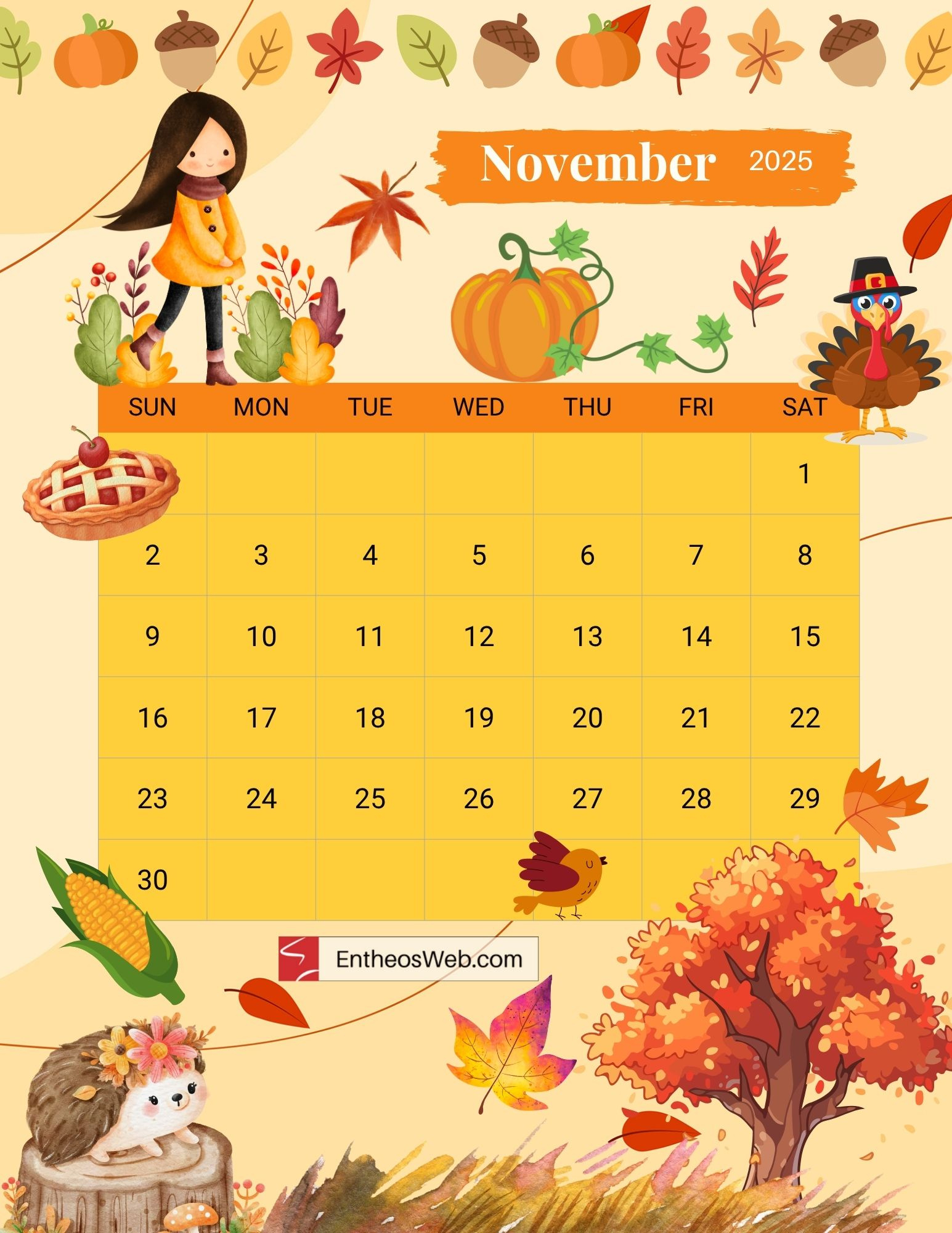 November 2025 Calendar Free Printables | Entheosweb with regard to November Thanksgiving 2025 Calendar