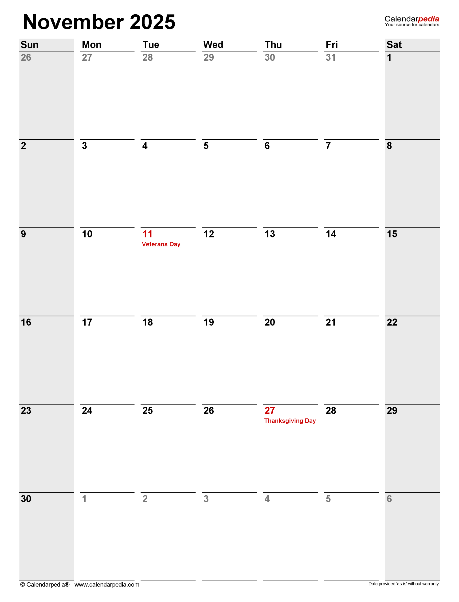 November 2025 Calendar | Templates For Pdf, Excel And Word inside November 2025 Calendar Calendarpedia