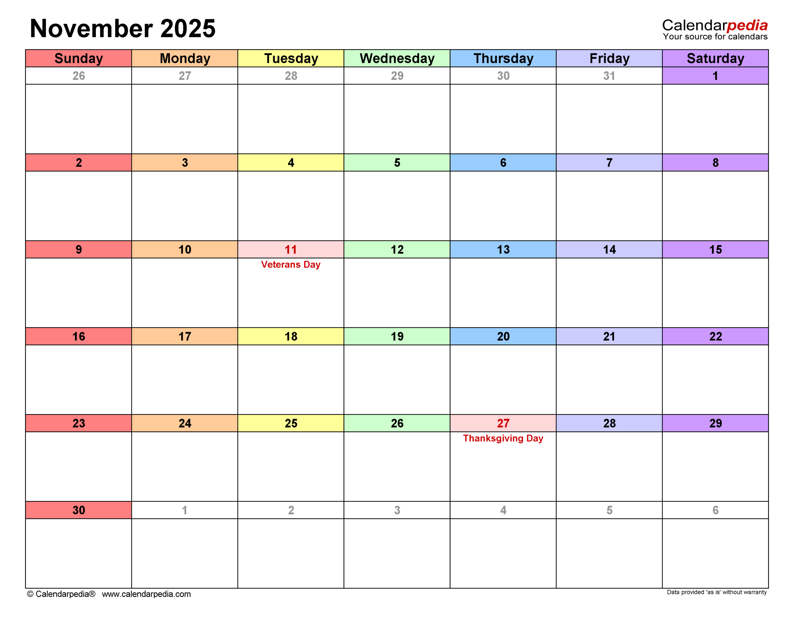 November 2025 Calendar | Templates For Pdf, Excel And Word within November 2025 Calendar Calendarpedia