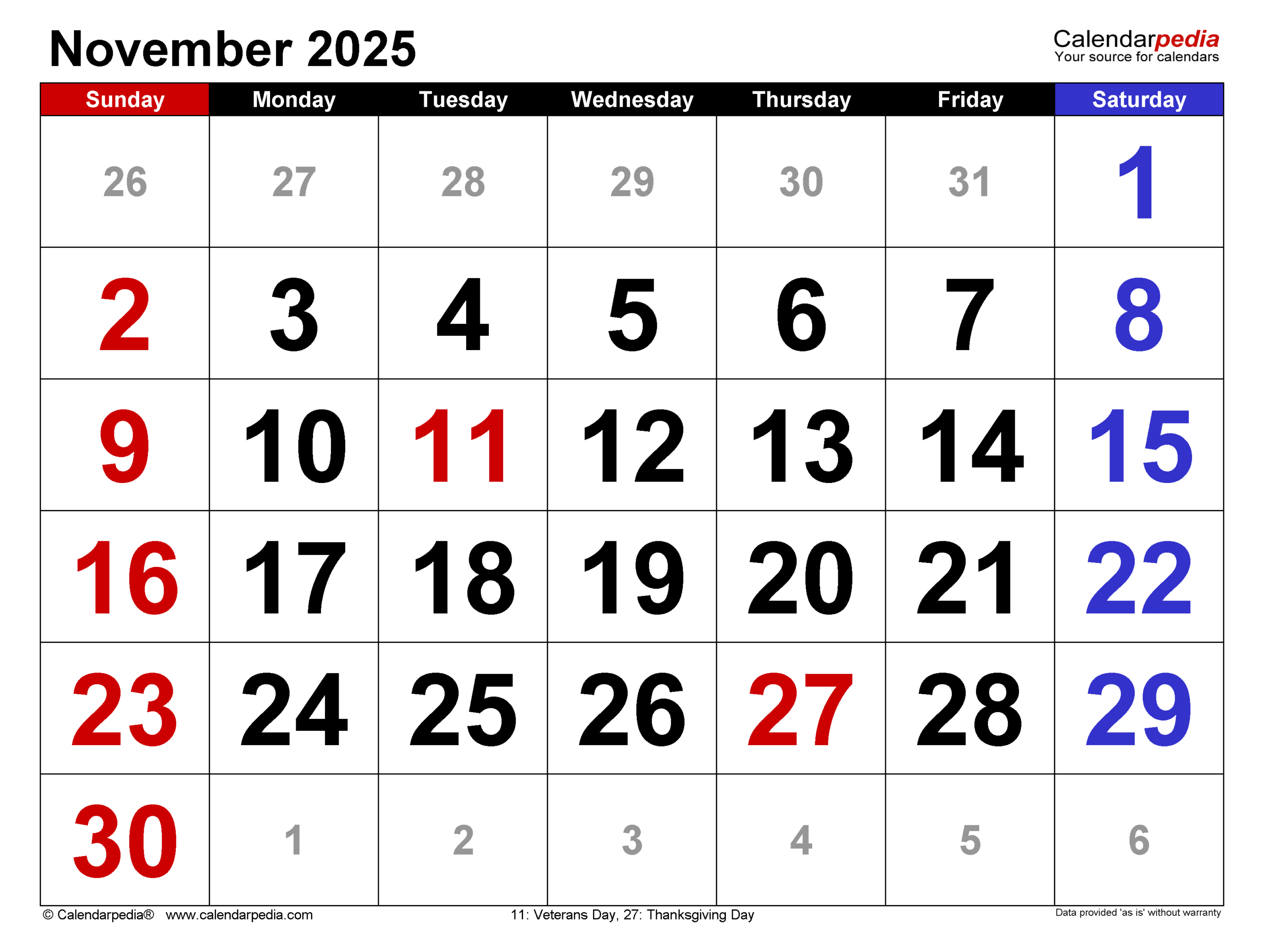 November 2025 Calendar | Templates For Pdf, Excel And Word within November 2025 Calendar With Holidays Usa