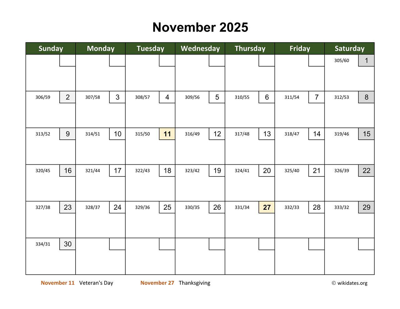 November 2025 Calendar With Day Numbers | Wikidates within How Many Days Are in November 2025 Calendar