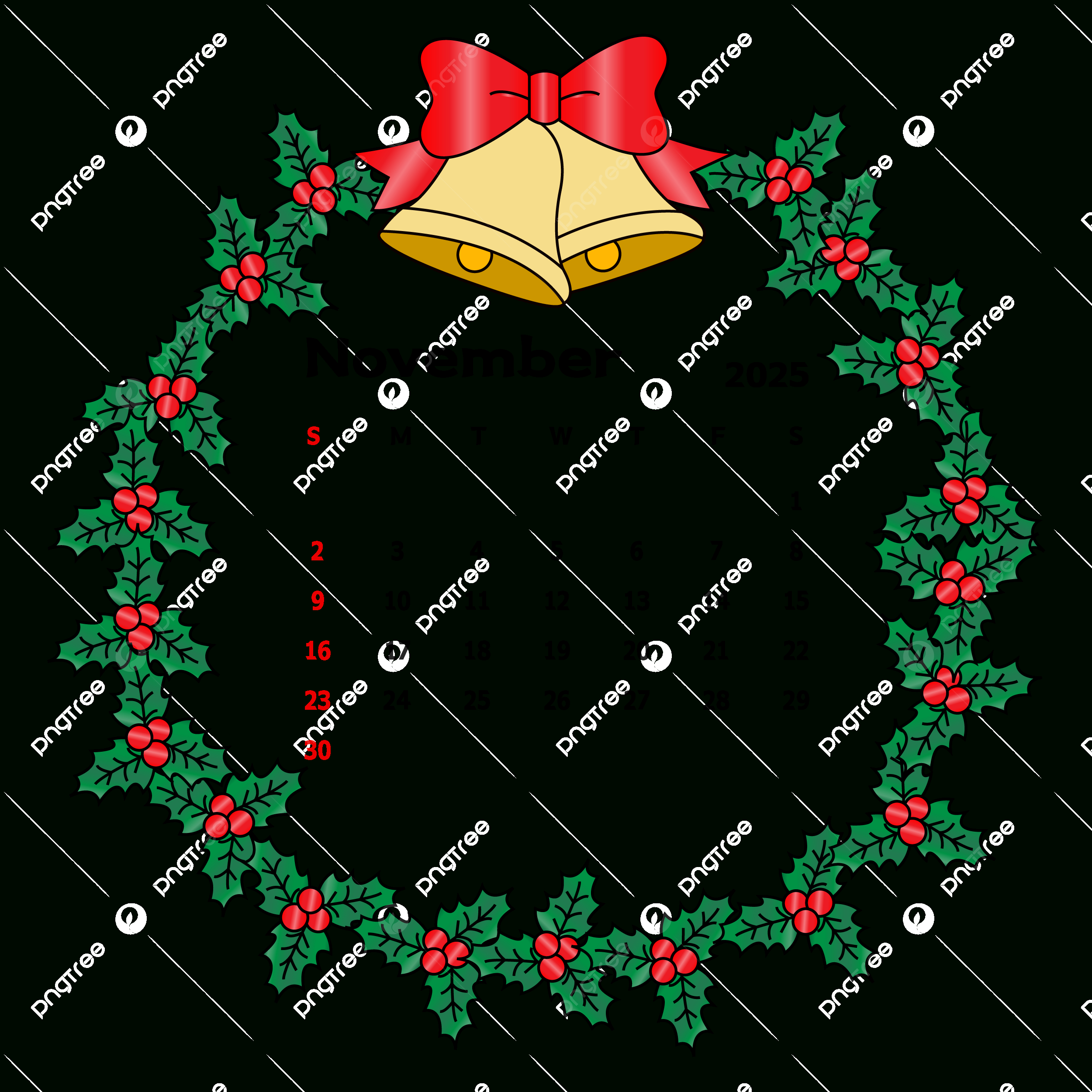 November 2025 Calendar With Leafy Circle Frame And Bells Vector with regard to November 2025 Calendar Christmas