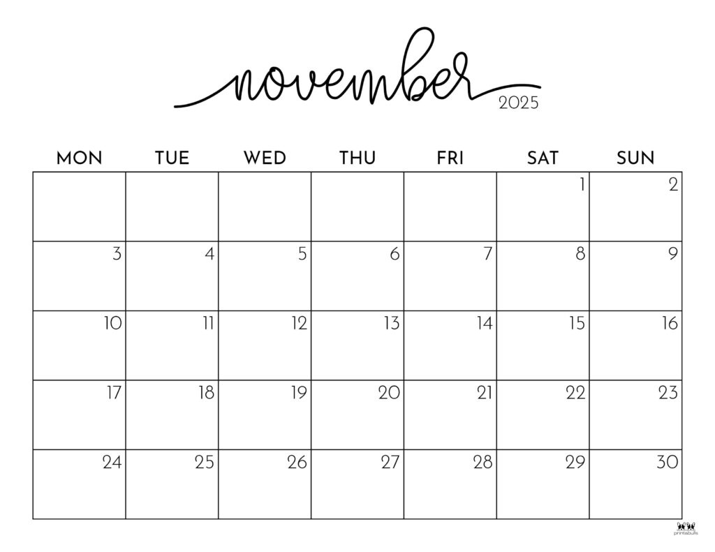 November 2025 Calendars - 107 Free Printables | Printabulls intended for November Monthly Printable Calendar