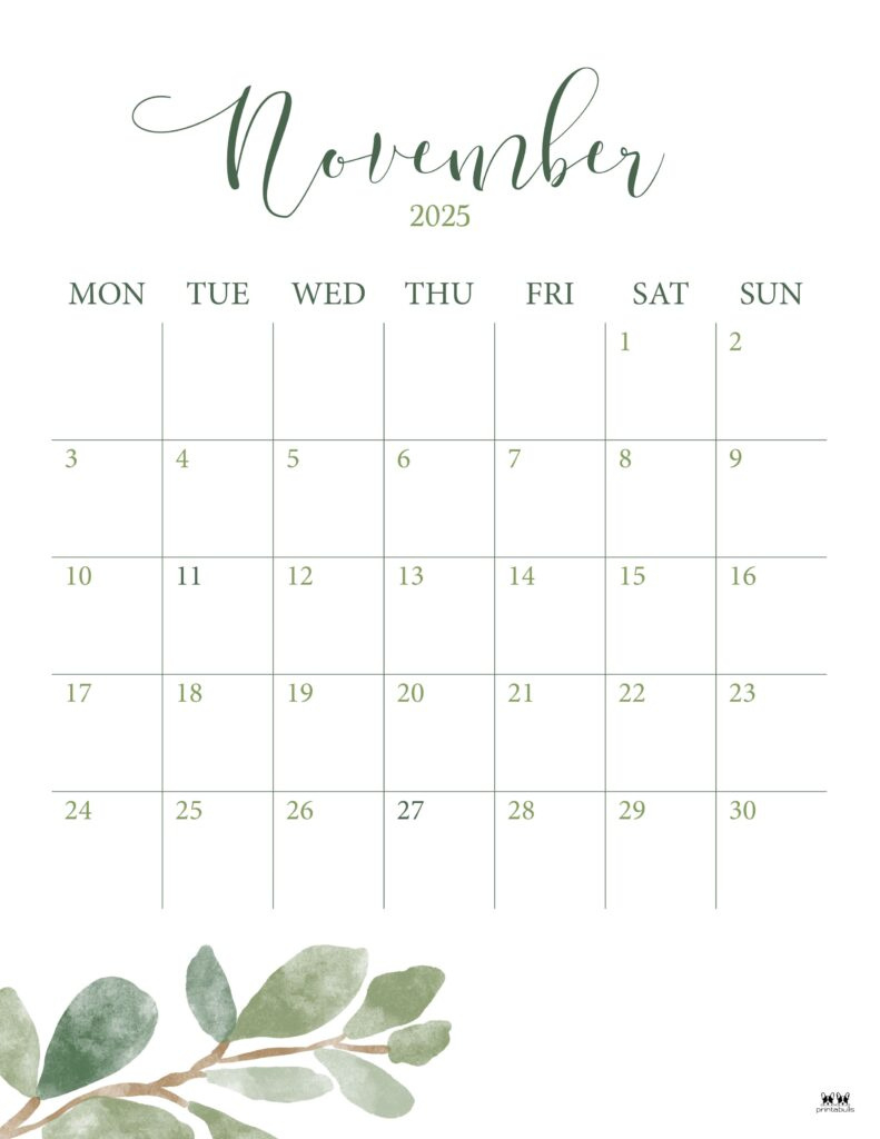 November 2025 Calendars - 107 Free Printables | Printabulls regarding November 2025 Calendar Portrait