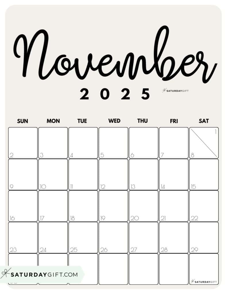 November 2025 Calendars - 23 Cute Free Printable Pdfs | Saturdaygift for Vertical November 2025 Calendar