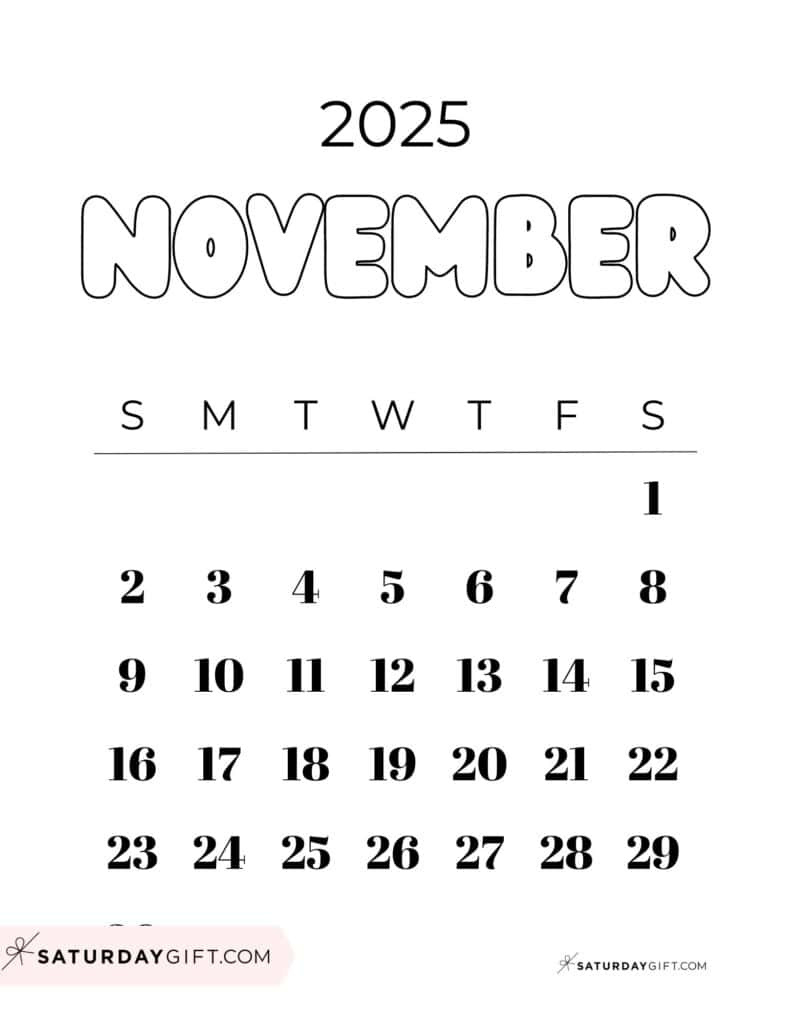November 2025 Calendars - 23 Cute Free Printable Pdfs | Saturdaygift in November 8 2025 Calendar