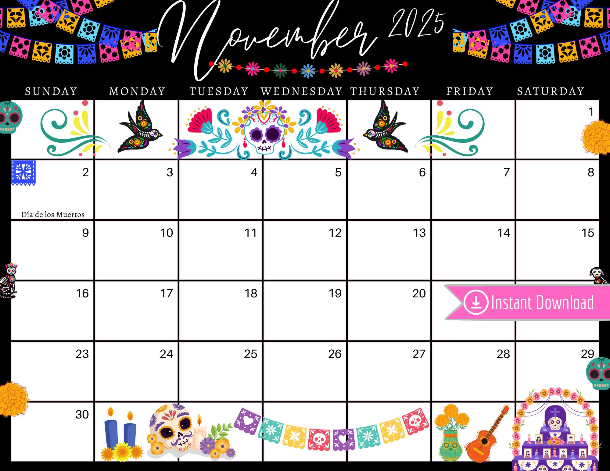 November 2025 Dia De Los Muertos Calendar: Editable Printable (Pdf intended for Barbie Calendar November 2025