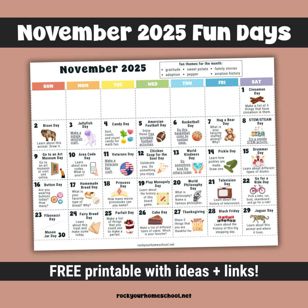 November 2025 Fun Days Calendar - Rock Your Homeschool for November Fun Calendar 2025