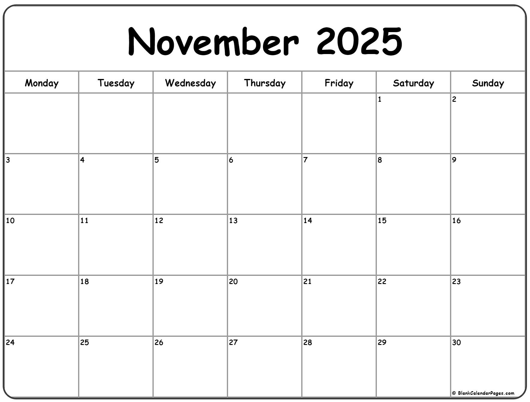 November 2025 Monday Calendar | Monday To Sunday for November 2025 Calendar Monday Start