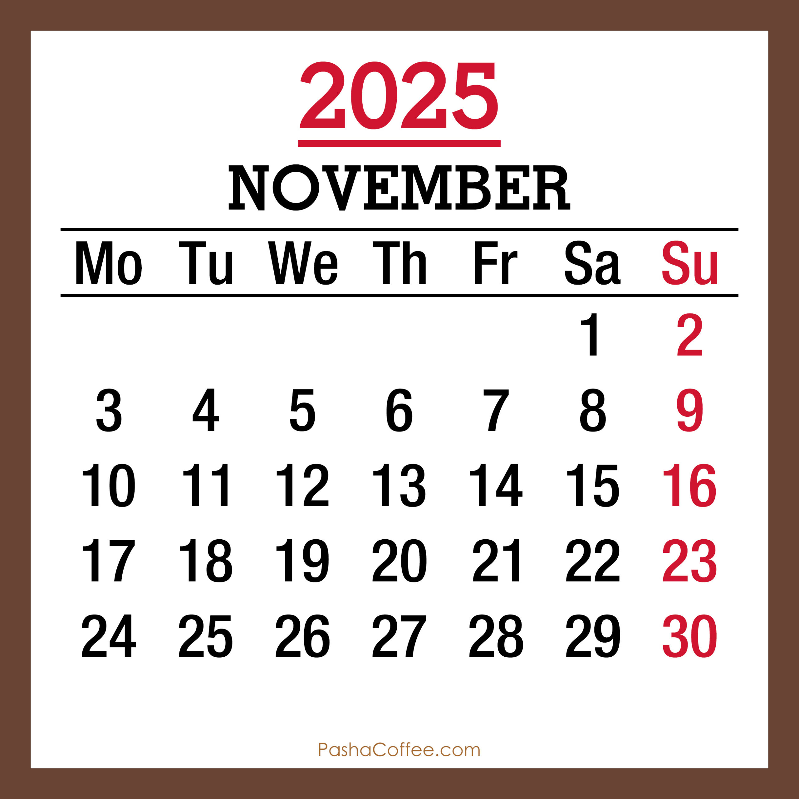 November 2025 Monthly Calendar, Printable Free, Brown, Monday inside November 2025 Calendar Monday Start