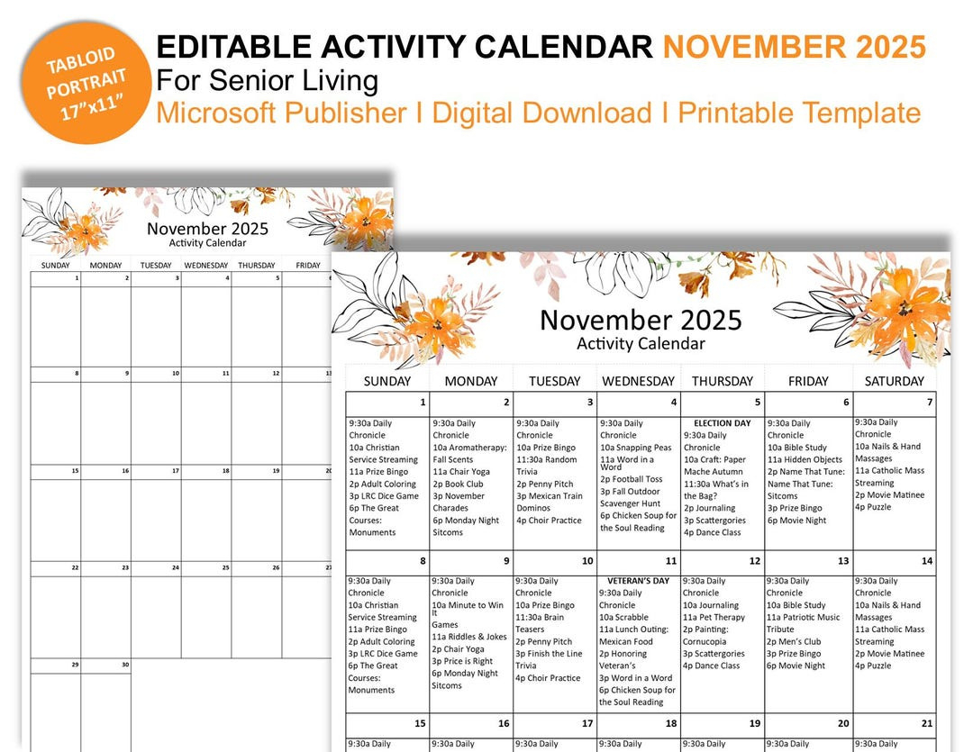 November 2025 Senior Living Activity Calendar (17" X 11 with November 2025 Activity Calendar