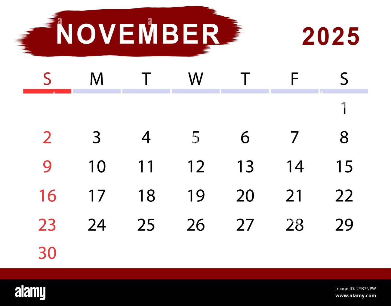 November 2025 Simple Month Calendar. Sunday Start. Vector Design for November Calendar 2025 Sunday Start