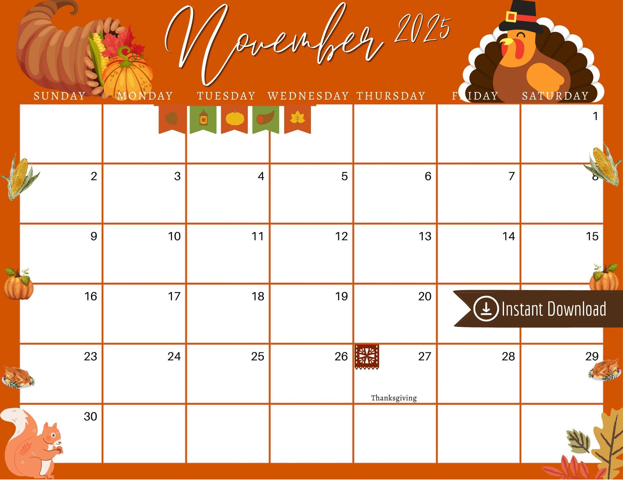 November 2025 Thanksgiving-Planer: Bearbeitbarer Druckbarer for November 2025 Calendar Thanksgiving Day