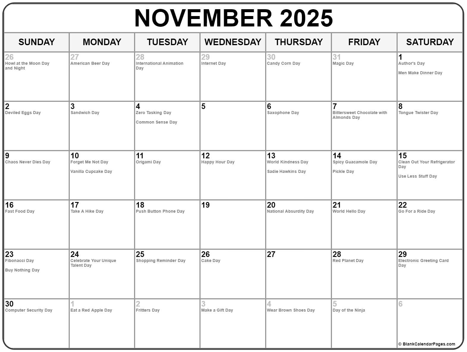 November 2025 With Holidays Calendar in National Calendar November 2025