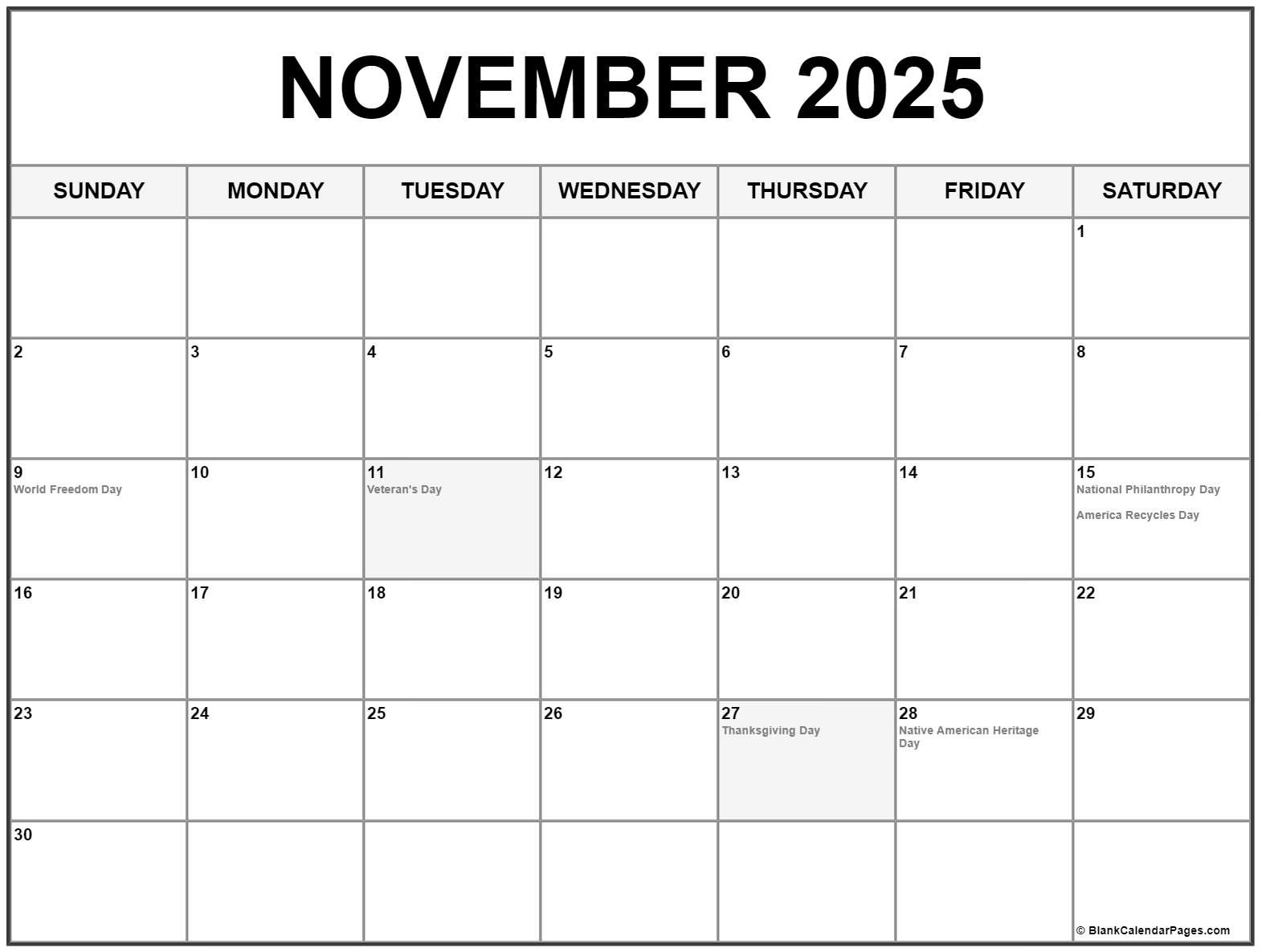 November 2025 With Holidays Calendar regarding November Calendar 2025 USA