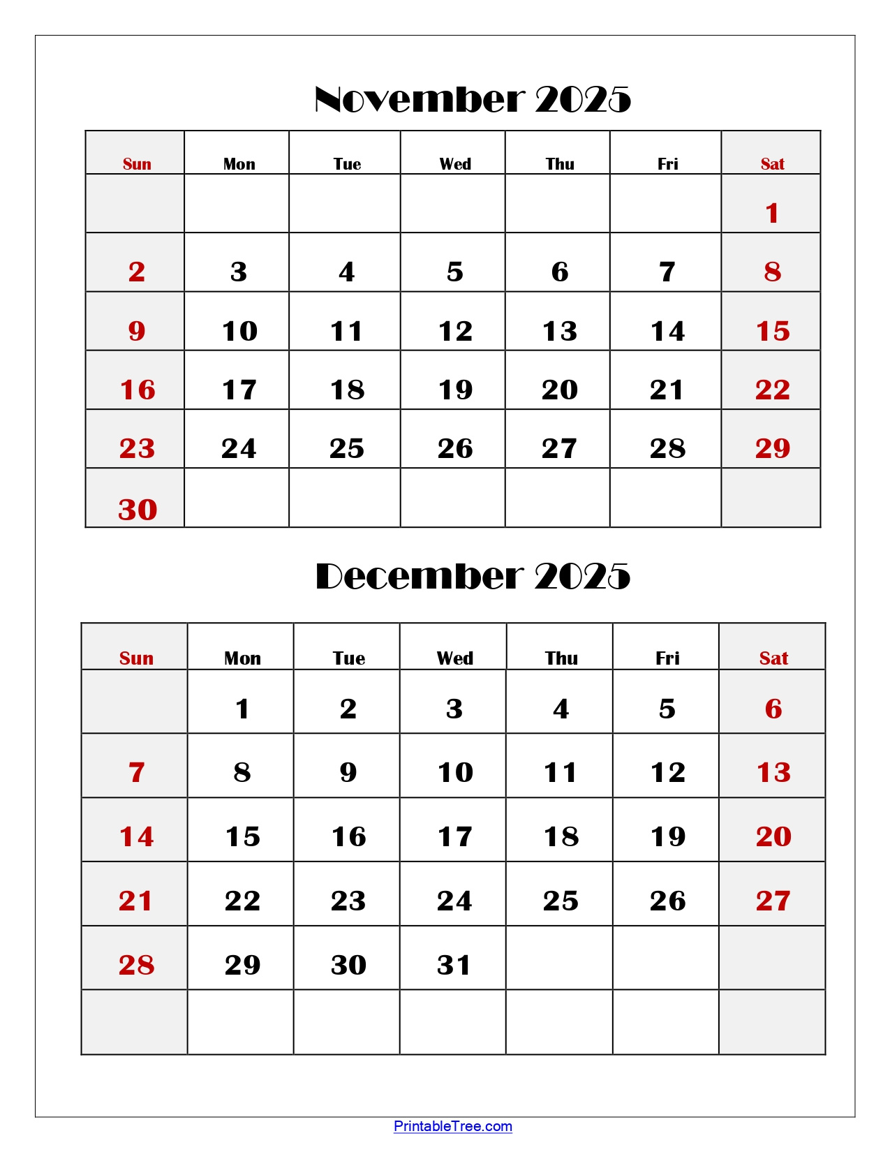 November And December 2025 Calendar Printable Pdf | Two Months with November and December 2025 Printable Calendar