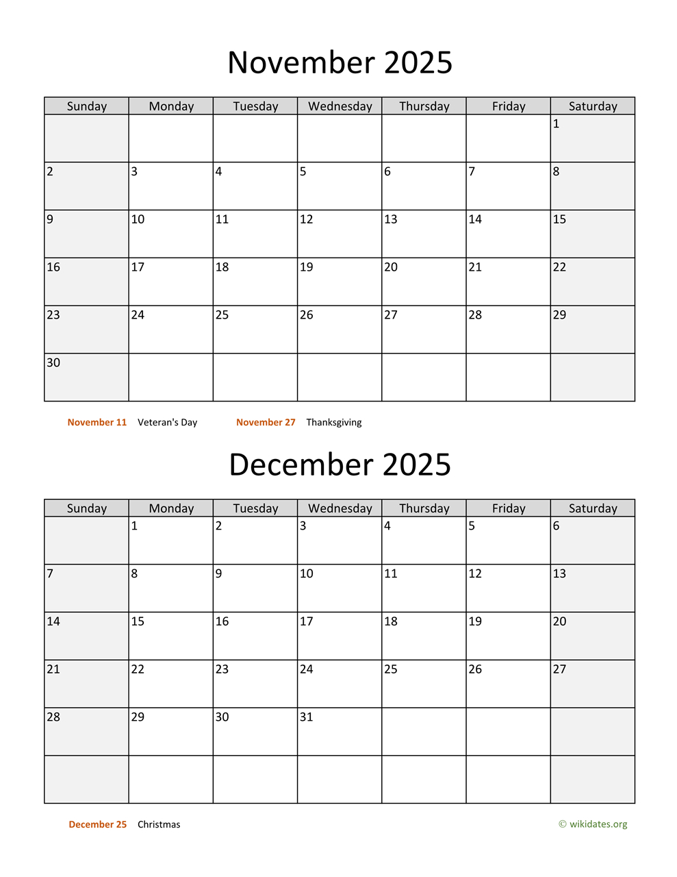 November And December 2025 Calendar | Wikidates throughout November December Calendar 2025 with Holidays