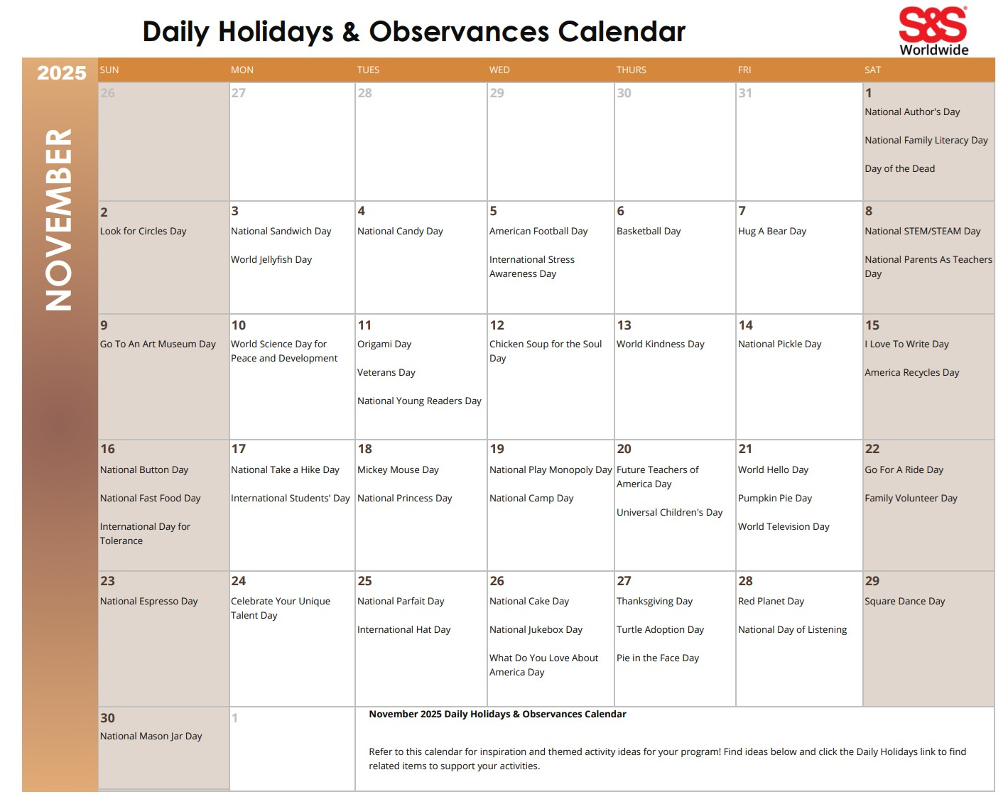 November Daily Holidays & Observances Printable Calendar - S&S Blog within November 2025 Calendar Special Days