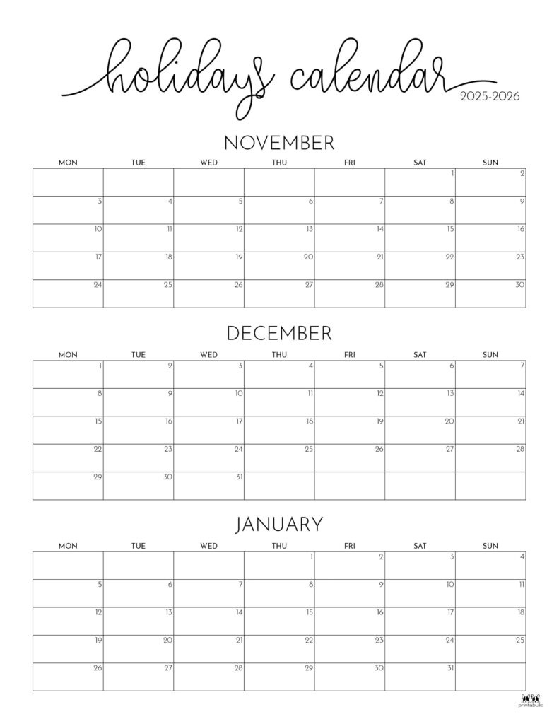 November December 2025 Calendars - 28 Printables | Printabulls in November December January 2026 Calendar