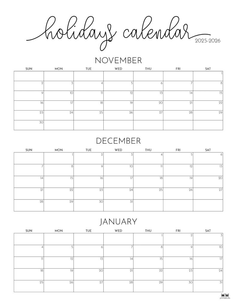 November December 2025 Calendars - 28 Printables | Printabulls regarding Calendar November 2025 To January 2026