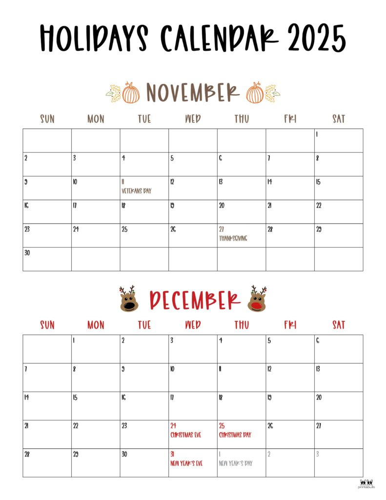 November December 2025 Calendars - 28 Printables | Printabulls with regard to November 2025 December 2025 Calendar