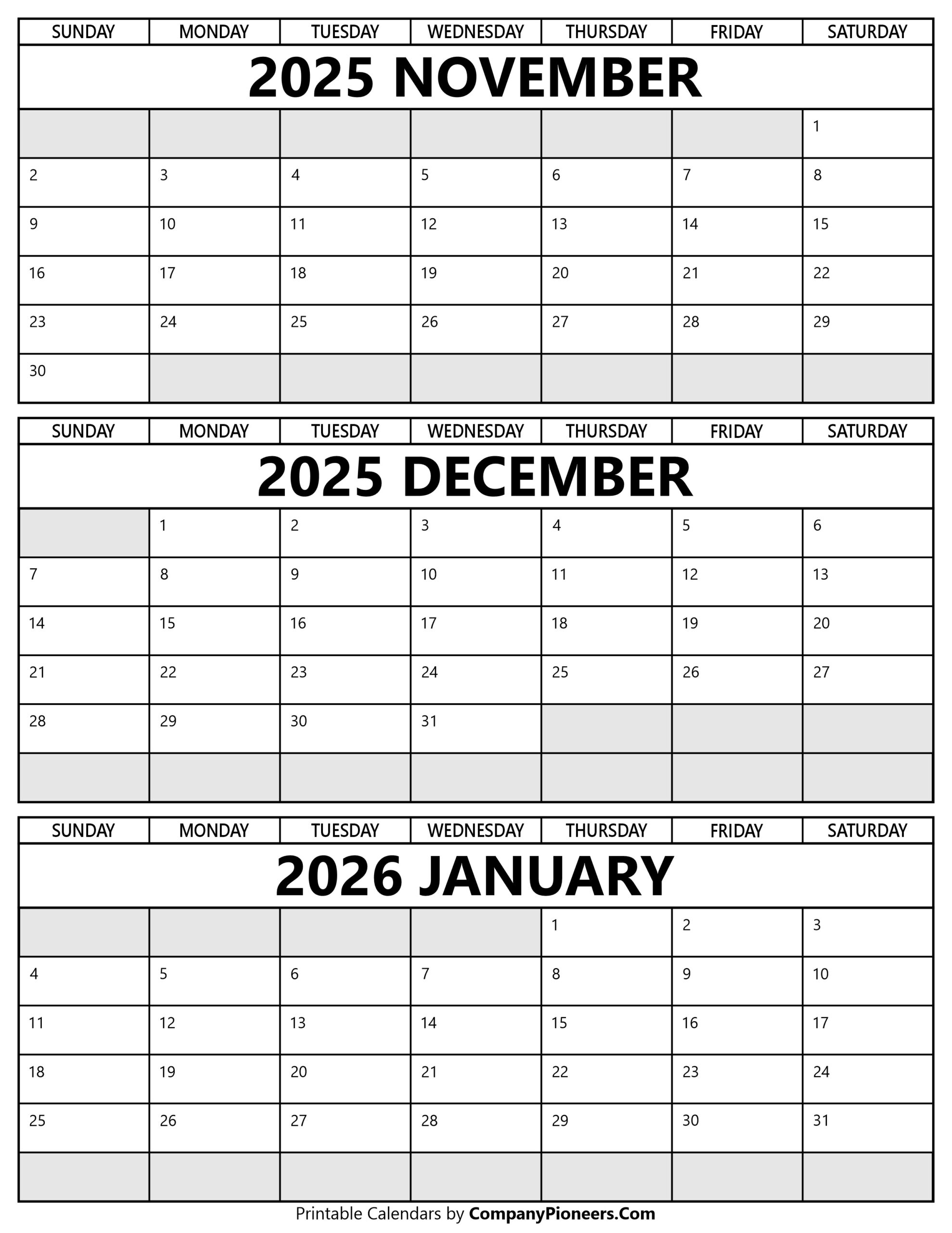 November December 2025 January 2026 Calendar Printable - Template within Calendar November 2025 to January 2026