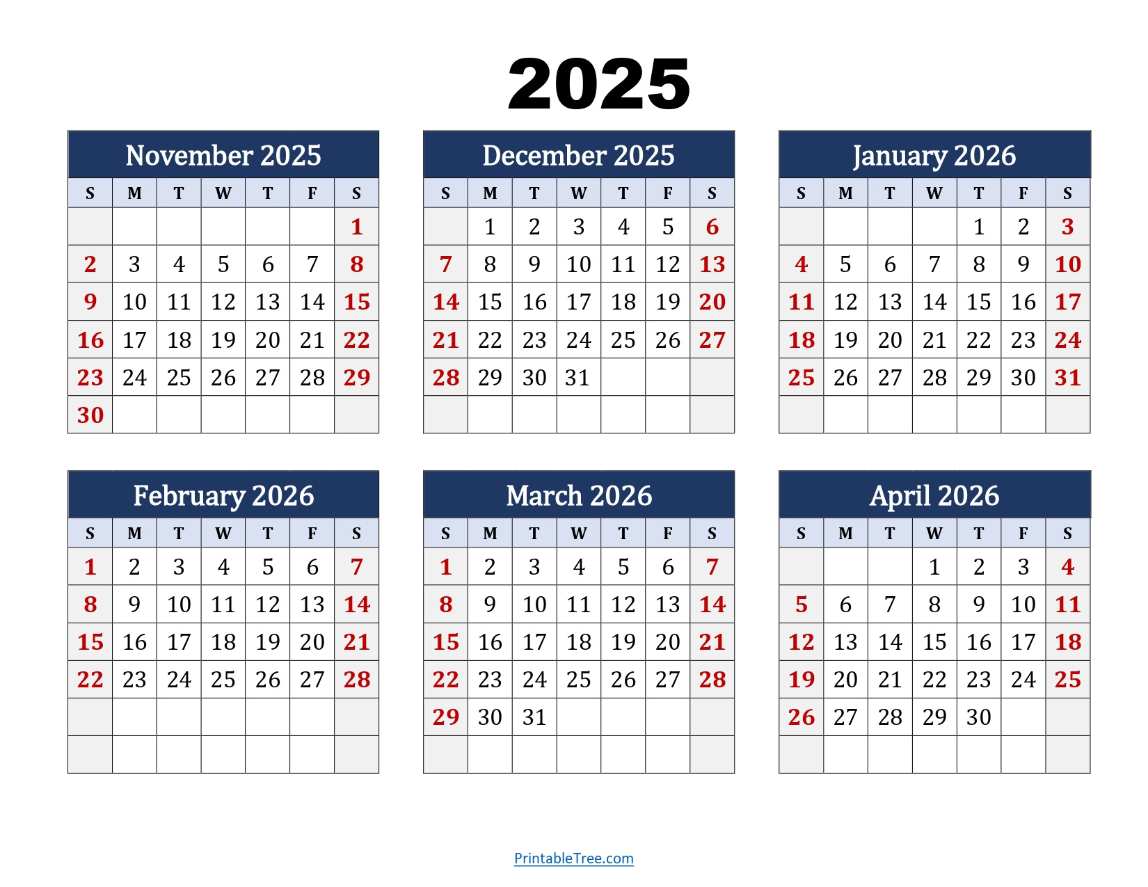 November To April 2026 Calendar Printable Pdf | Six Months Calendar regarding November 2025 to March 2026 Calendar