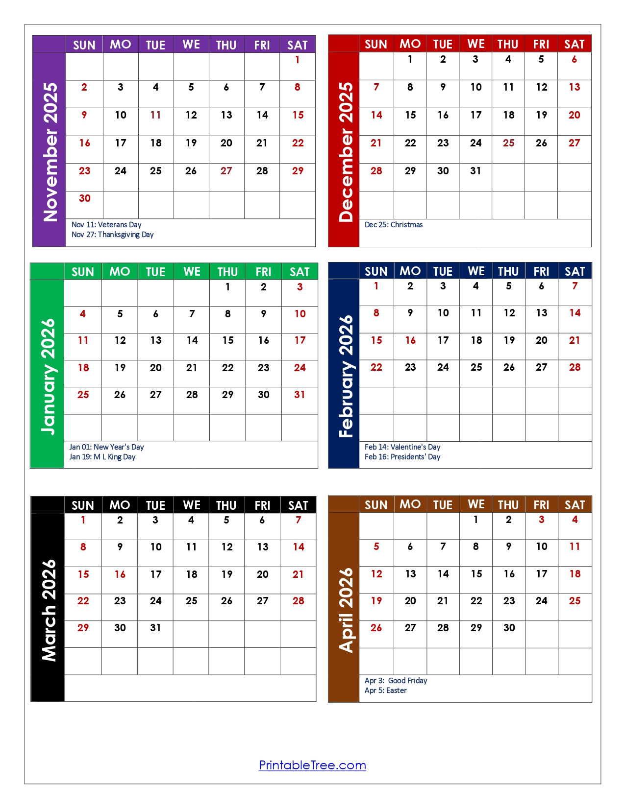 November To April 2026 Calendar Printable Pdf | Six Months Calendar within November 2025 To March 2026 Calendar
