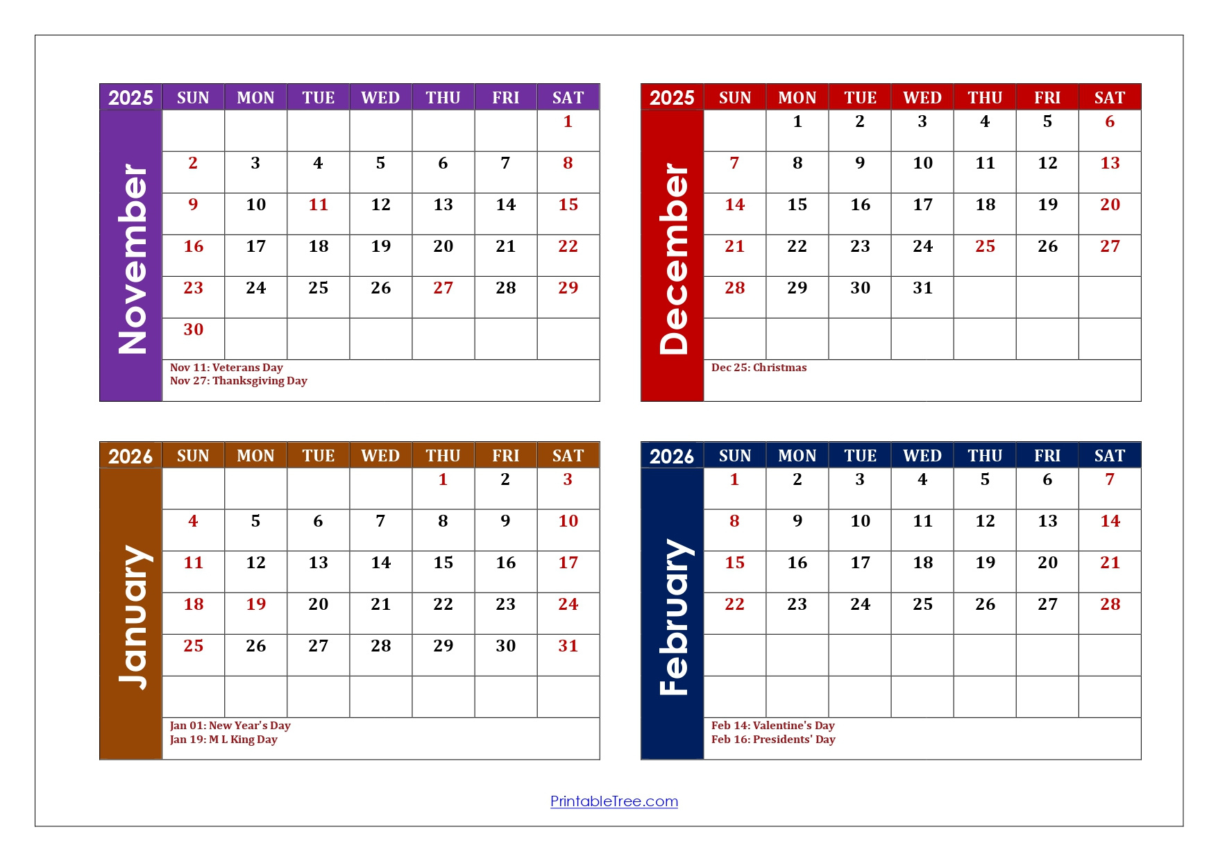 November To February 2026 Calendar Printable Pdf | Four Months pertaining to Calendar November 2025 to February 2025