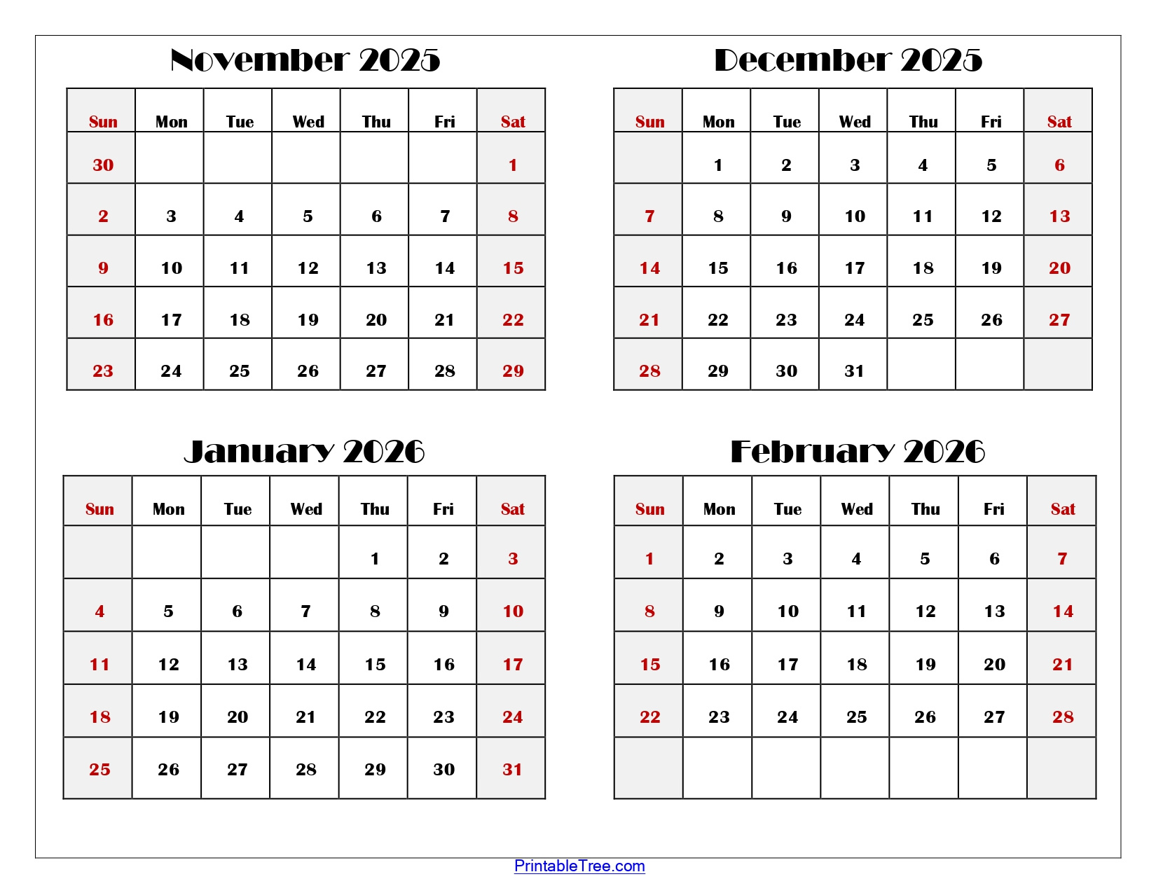 November To February 2026 Calendar Printable Pdf | Four Months throughout Calendar November 2025 To February 2025