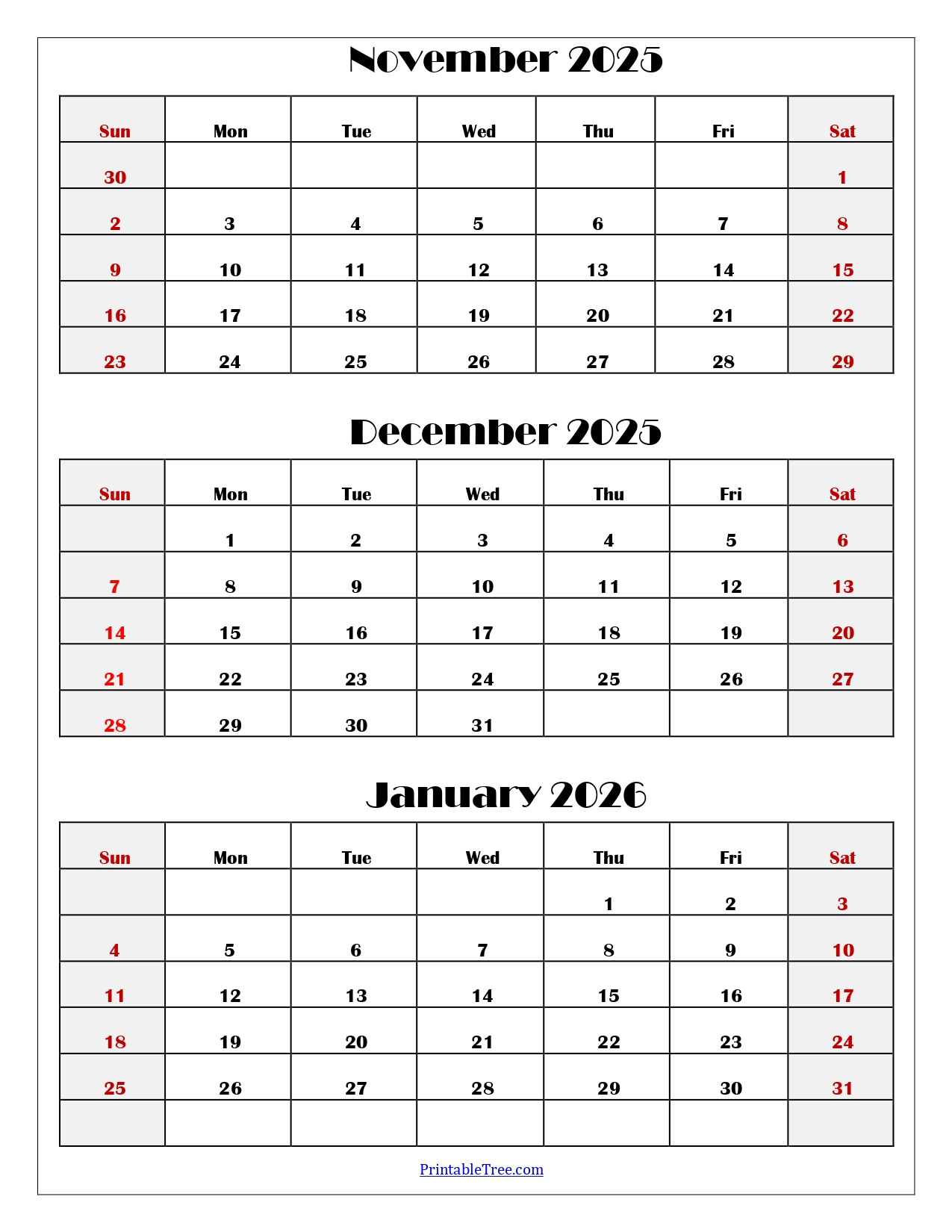 November To January 2026 Calendar Printable Pdf | Three Months for November 2025 To January 2026 Calendar