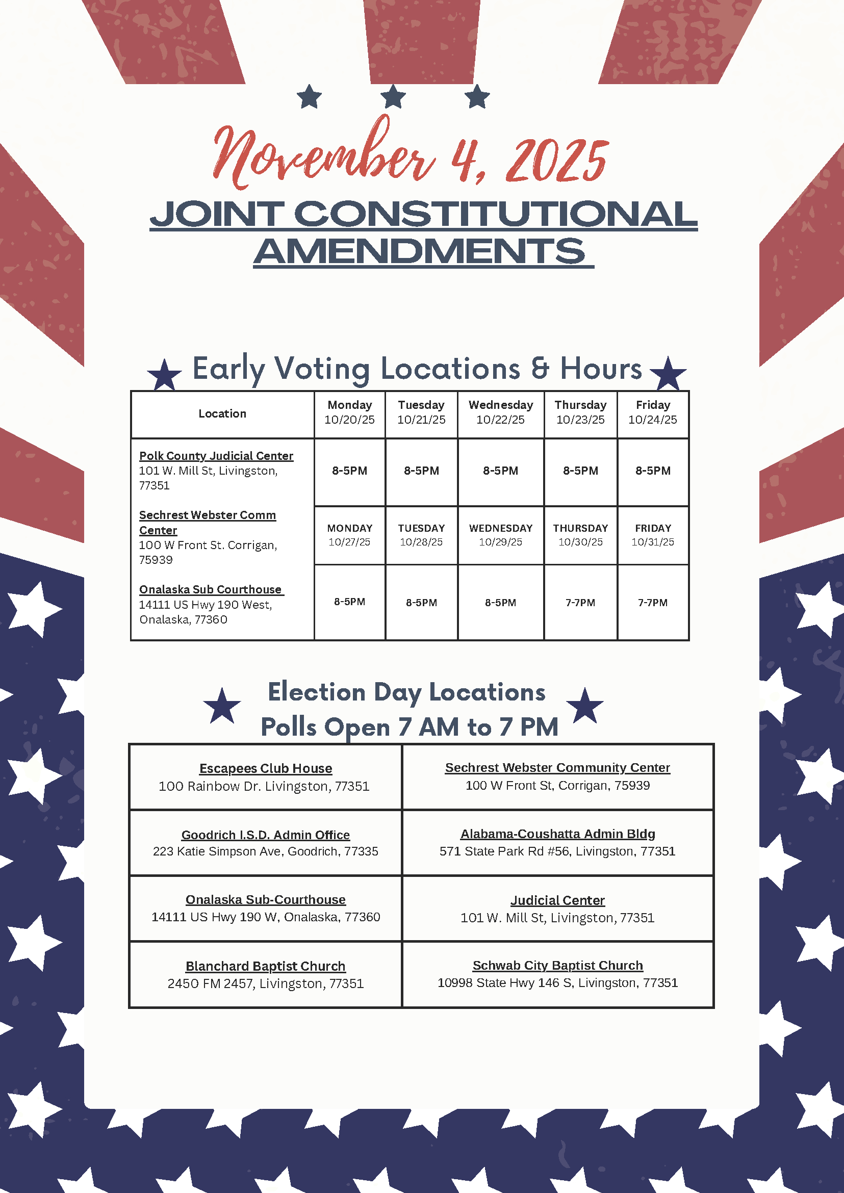 Polk County, Texas for November 4 2025 Election Law Calendar