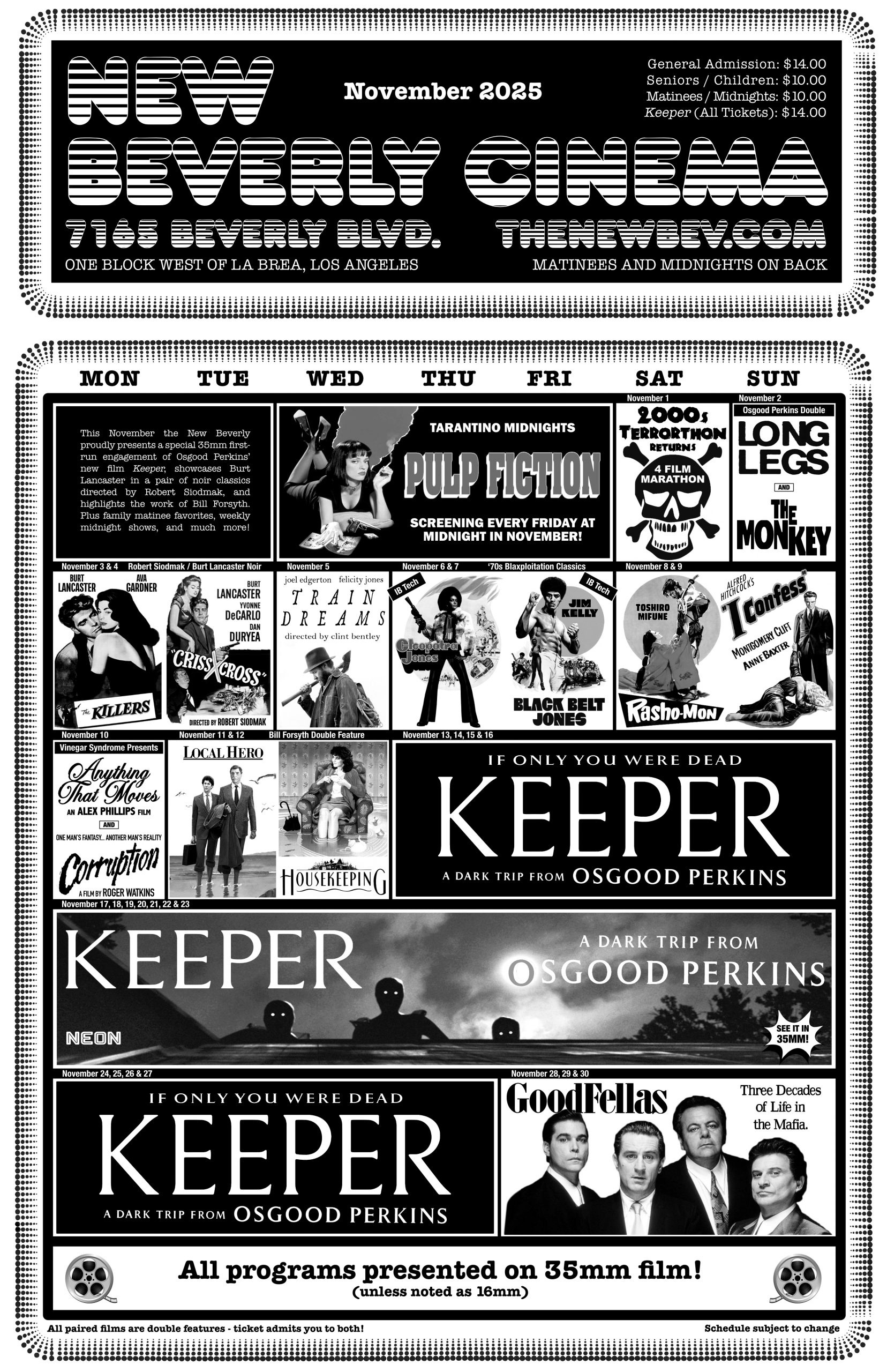 Print Calendars | New Beverly Cinema inside November 2025 Movie Calendar