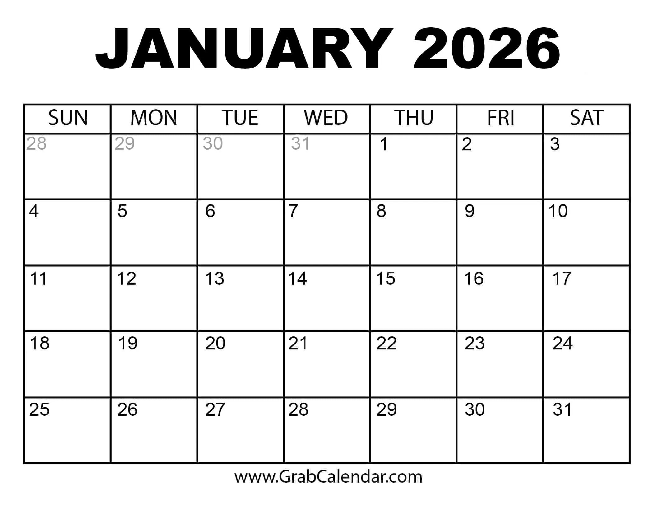 Printable January 2026 Calendar for Printable 3 Month Calendar November December January 2026-2026
