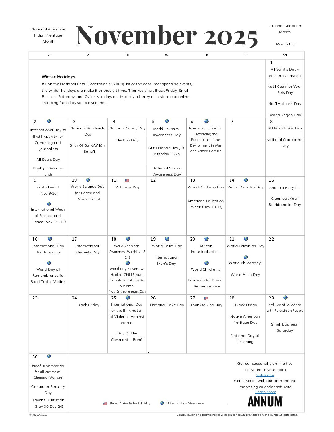Printable November 2025 Calendar | November Holidays | Annum in November Events Calendar 2025