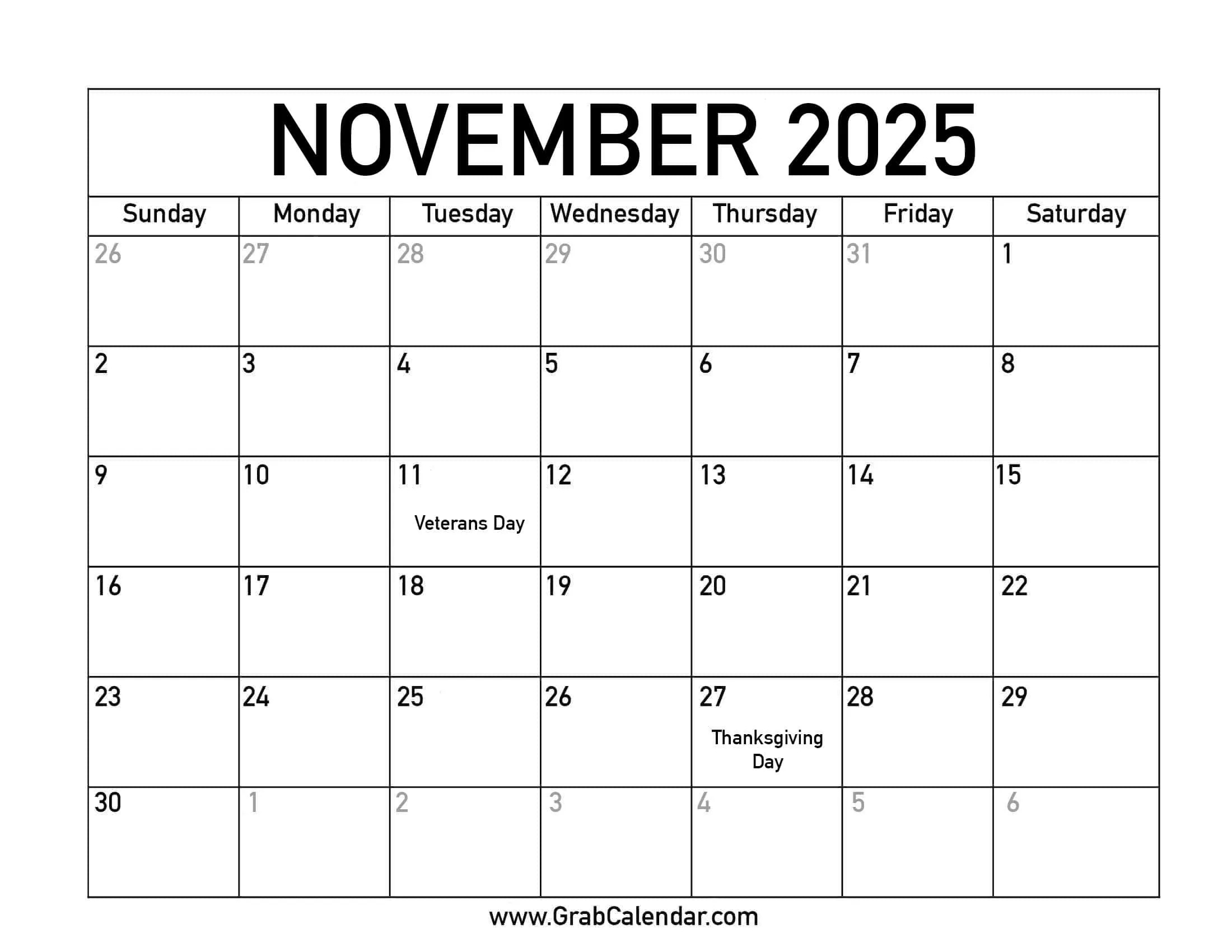 Printable November 2025 Calendar regarding November 2025 Day Calendar