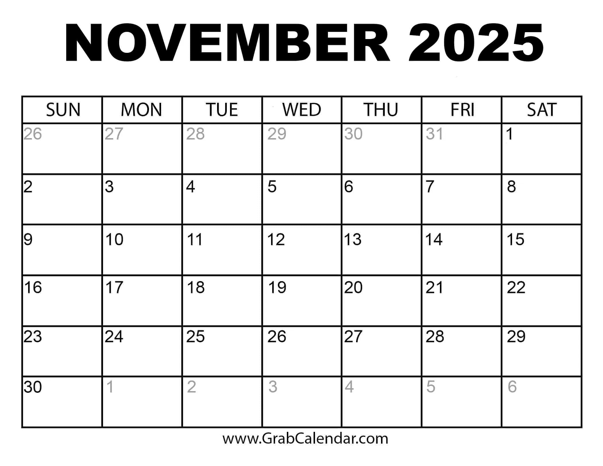 Printable November 2025 Calendar throughout Calendar Printable November 2025