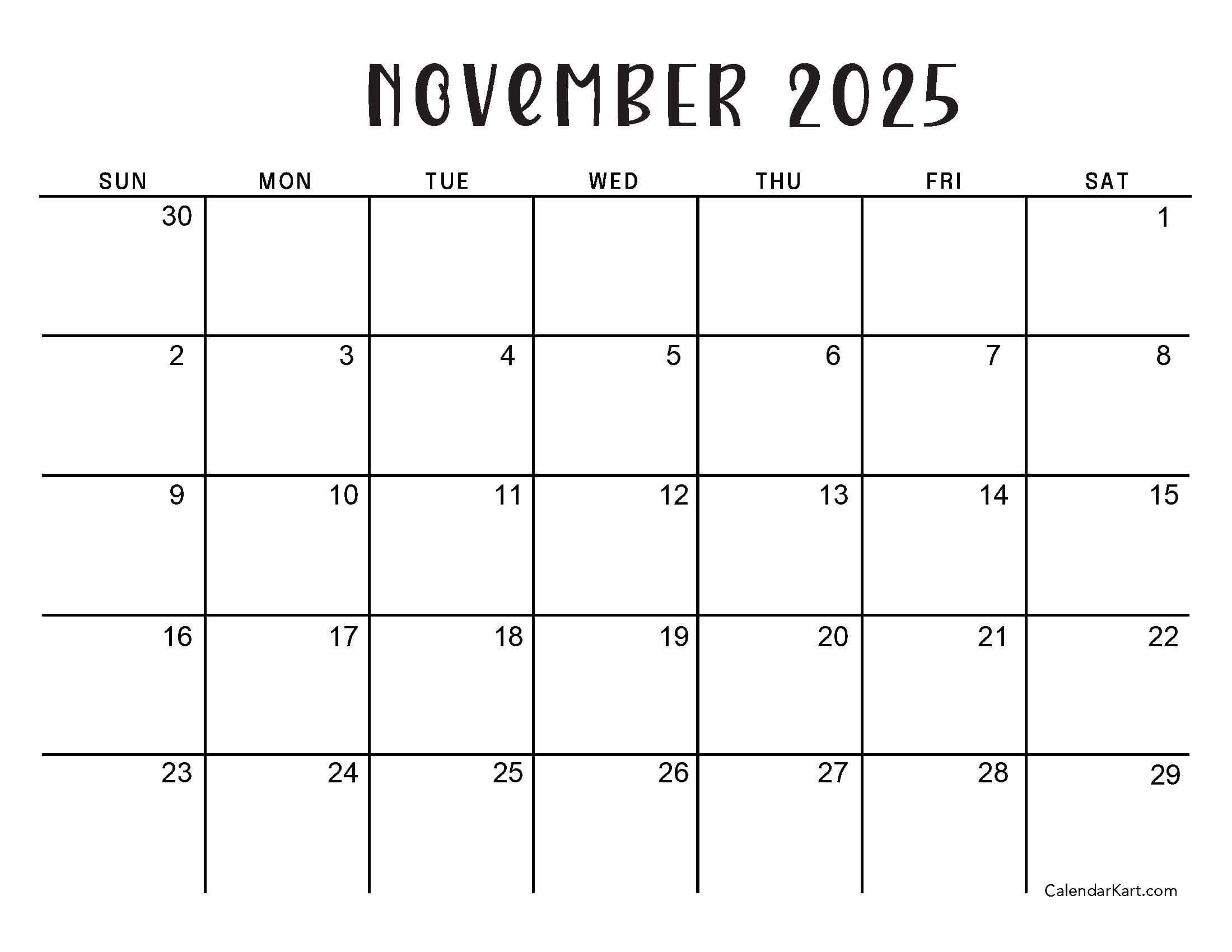 Printable November 2025 Calendars | Free Pdf - Calendarkart for November Calendar 2025 Sunday Start