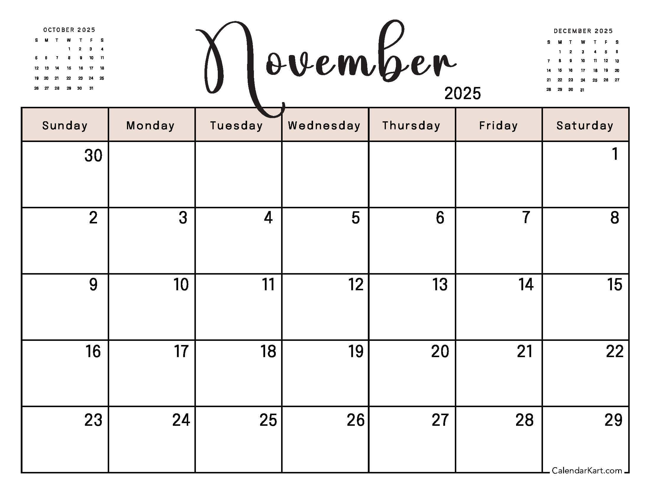 Printable November 2025 Calendars | Free Pdf - Calendarkart pertaining to November Calendar 2025 Pieces Printable