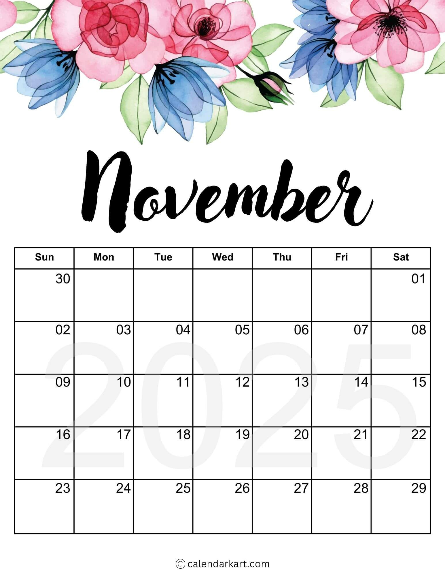 Printable November 2025 Calendars | Free Pdf - Calendarkart within November 2025 Calendar Printable Vertical