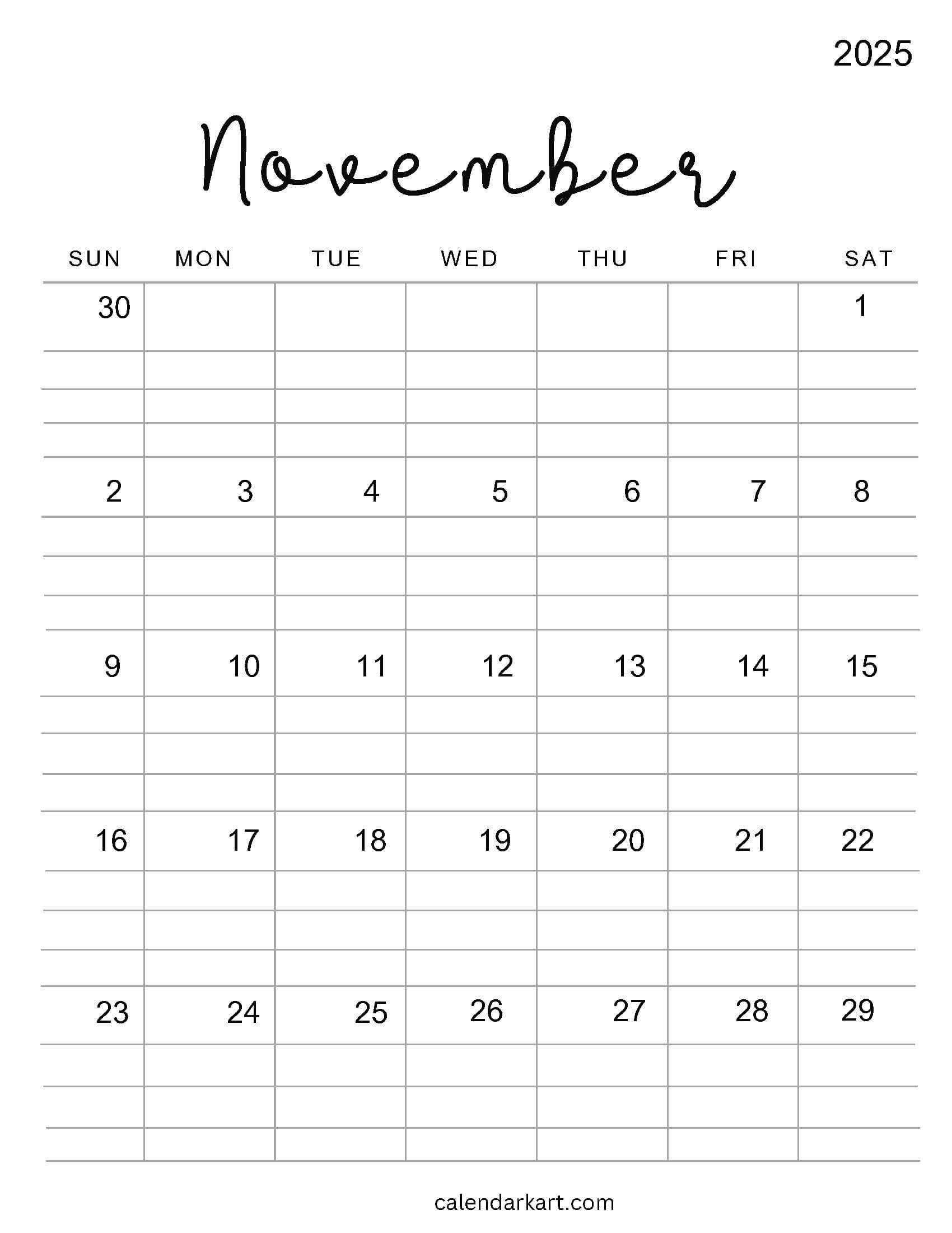 Printable November 2025 Calendars | Free Pdf - Calendarkart within November 5 Calendar 2025