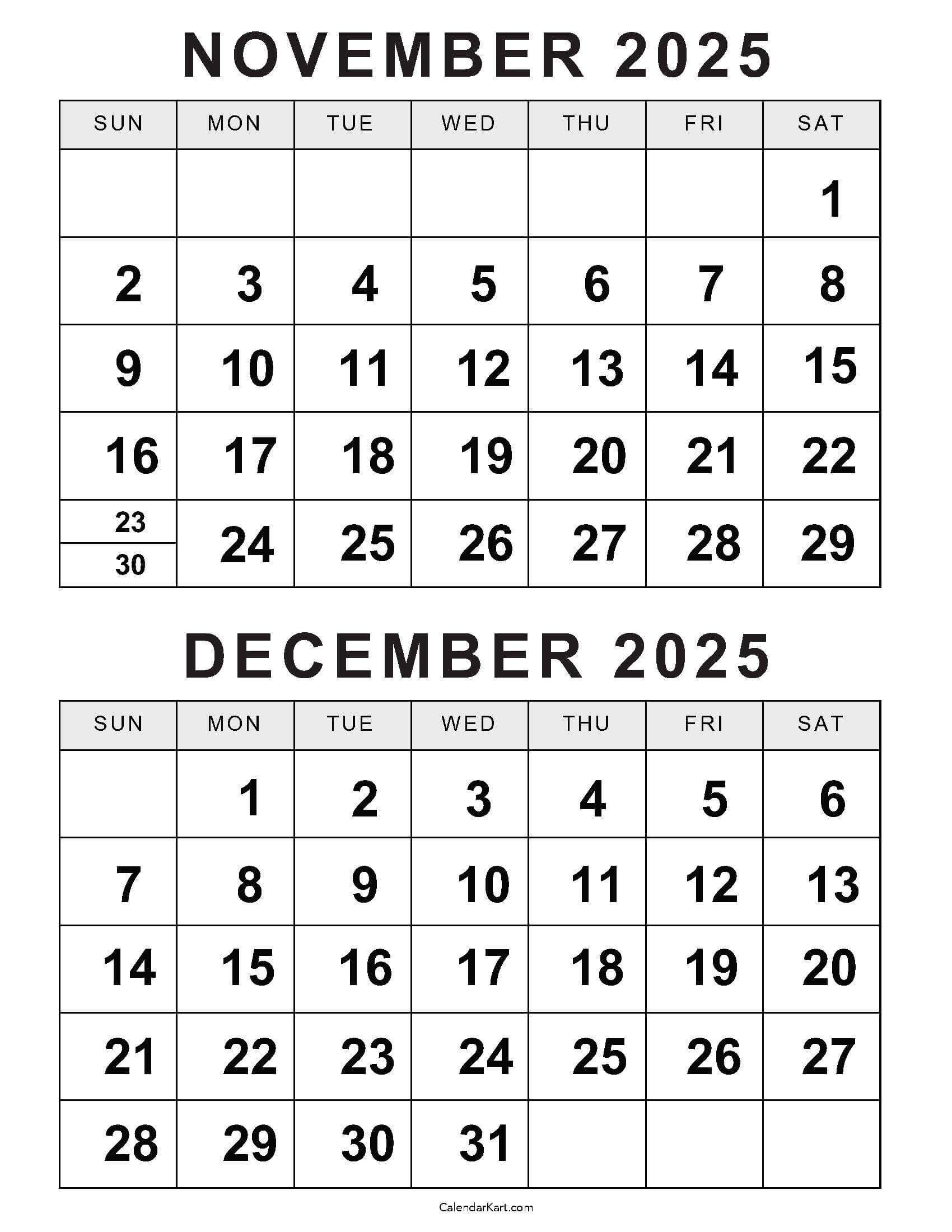 Printable November December 2025 Calendars | Calendarkart for Free November And December 2025 Calendar