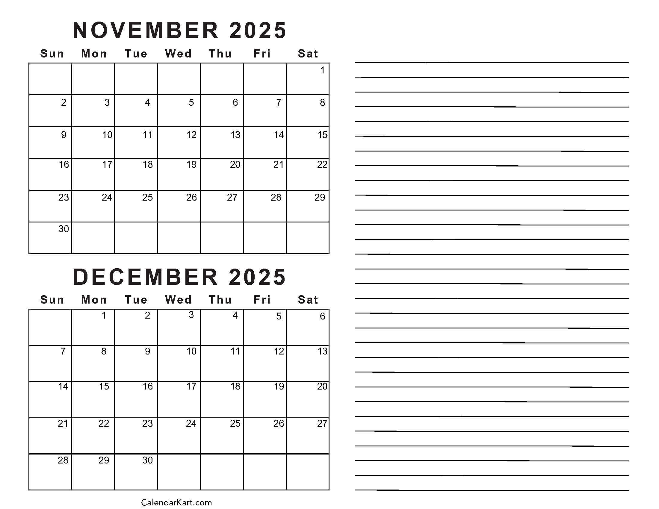 Printable November December 2025 Calendars | Calendarkart in Printable Calendar November and December 2025