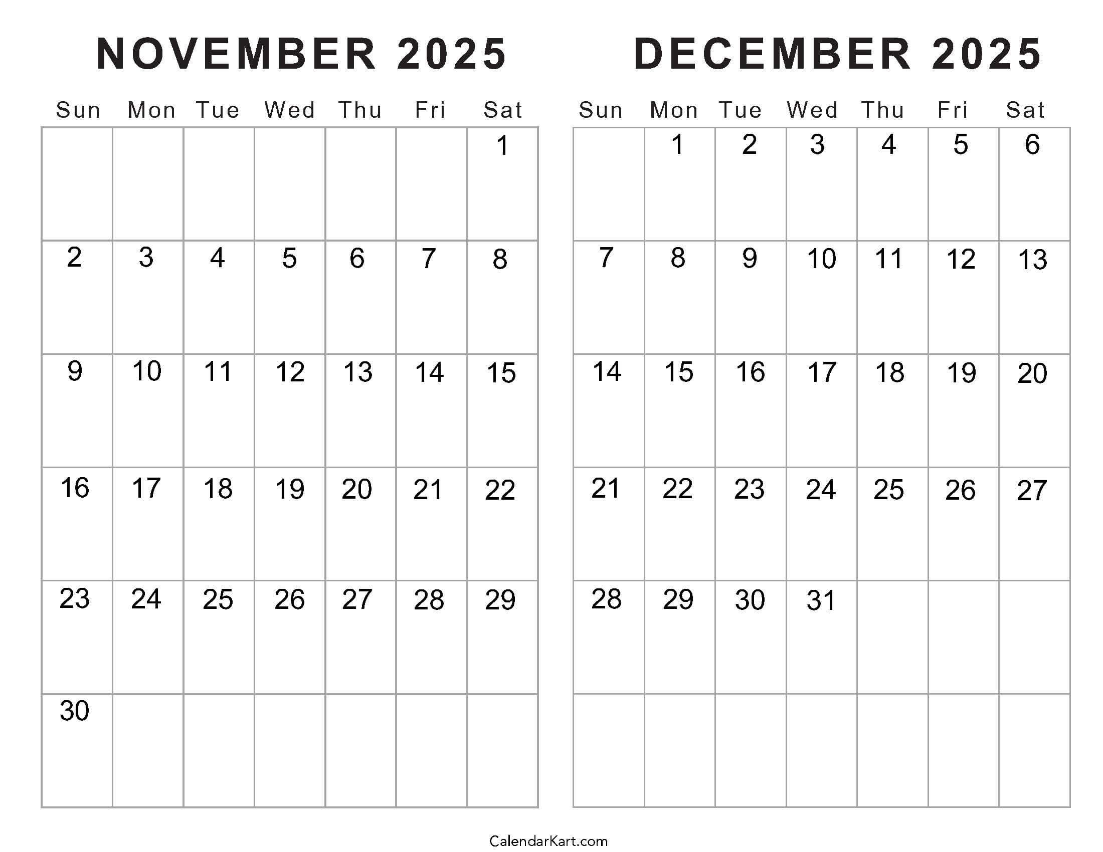 Printable November December 2025 Calendars | Calendarkart throughout Calendar November and December 2025