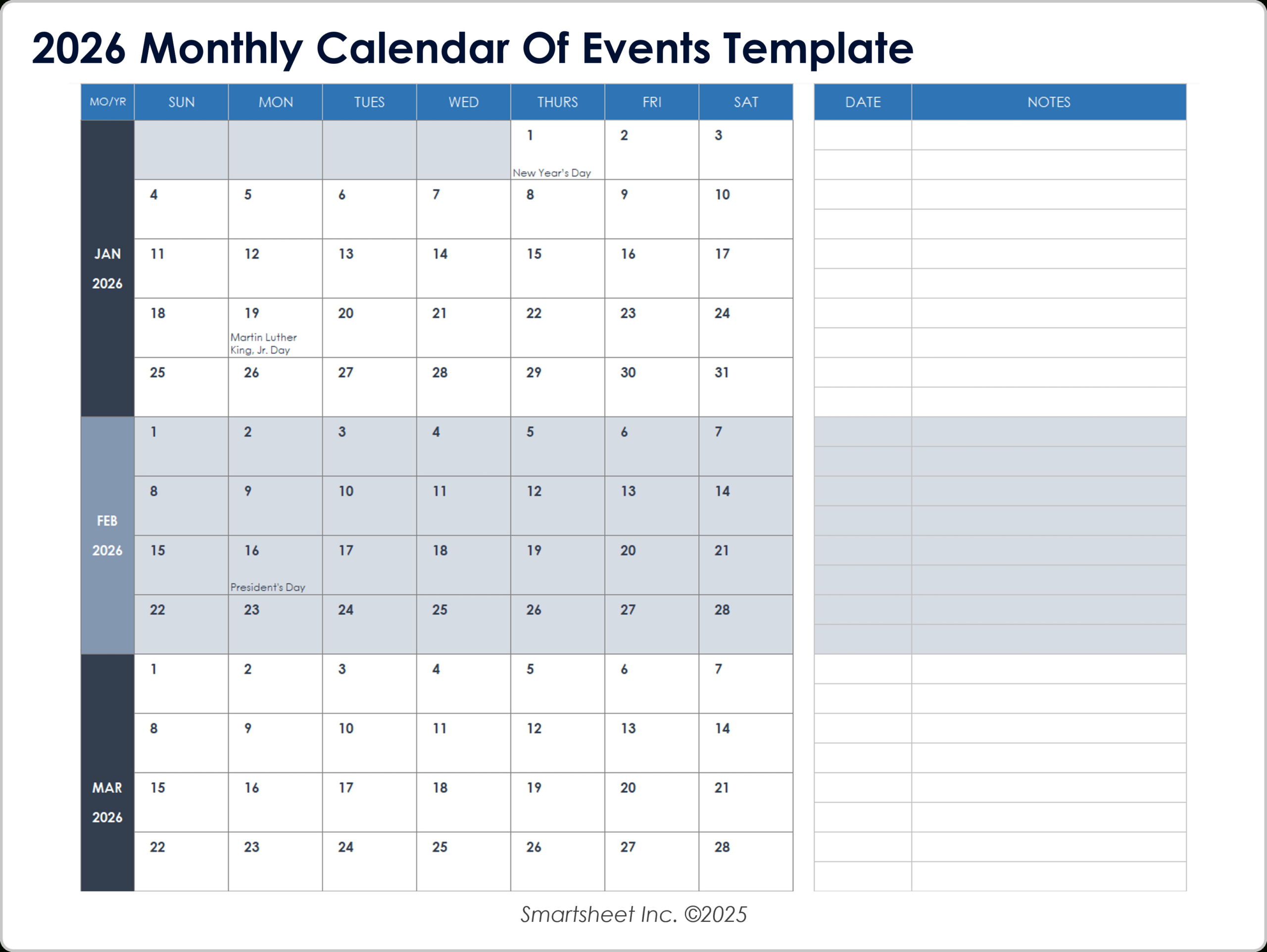 15 Free 2026 Monthly Calendar Templates | Smartsheet intended for Absence Calendar 2026 Template
