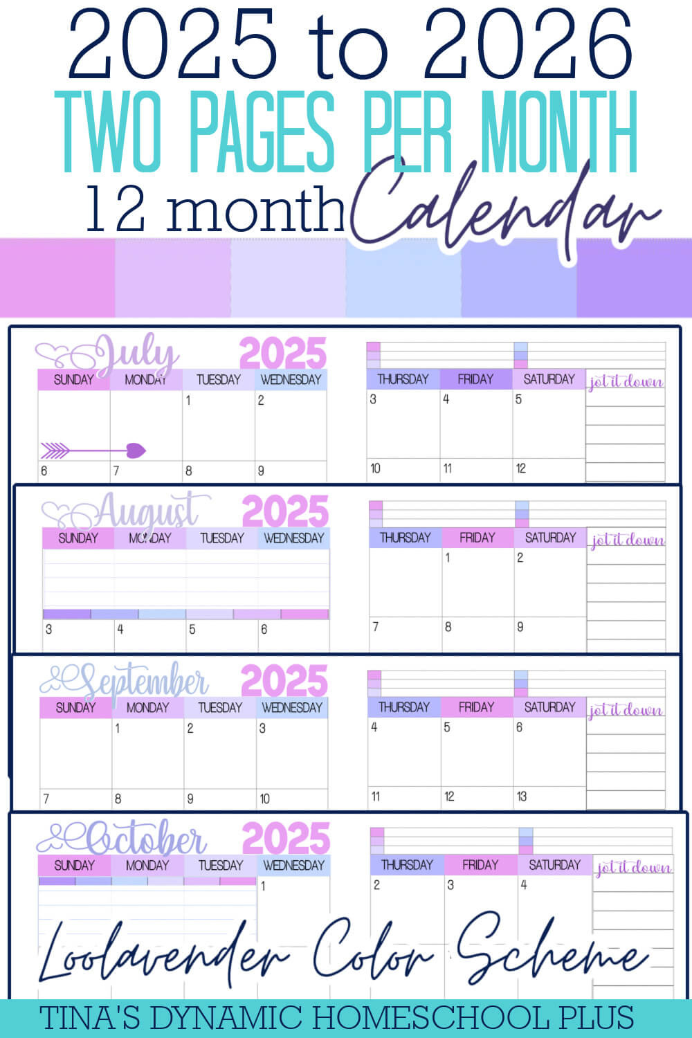 2025-2026 Two Pages Per Month Calendar – Loolavender Color within 2026 Calendar Printable 2 Months Per Page