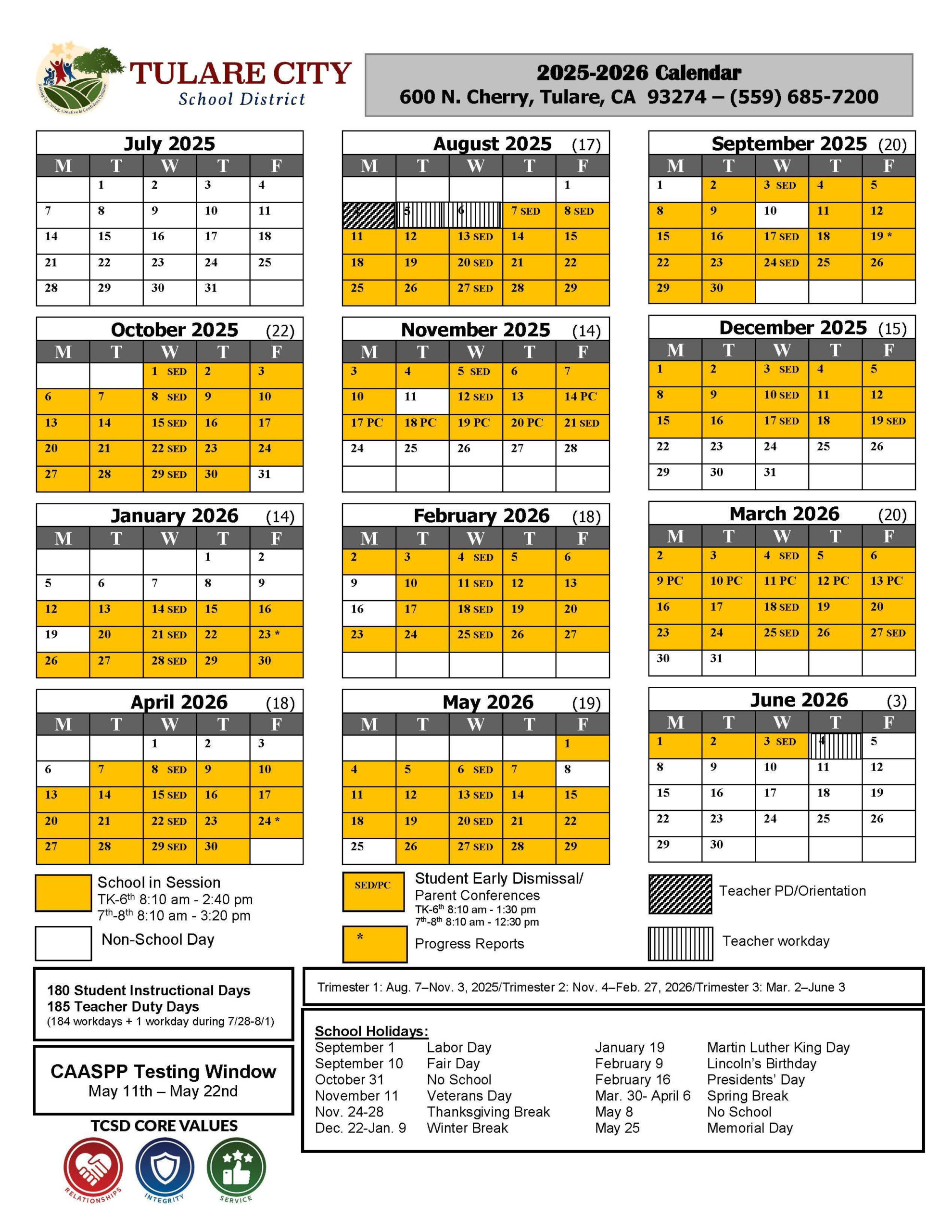 2025-26 Tcsd Calendar | Tulare City School District for Tusd 2025 To 2026 Calendar Printable