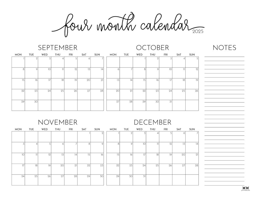 2025 Four Month Calendars - 31 Free Printables | Printabulls regarding Printable Calendar September October November 2025