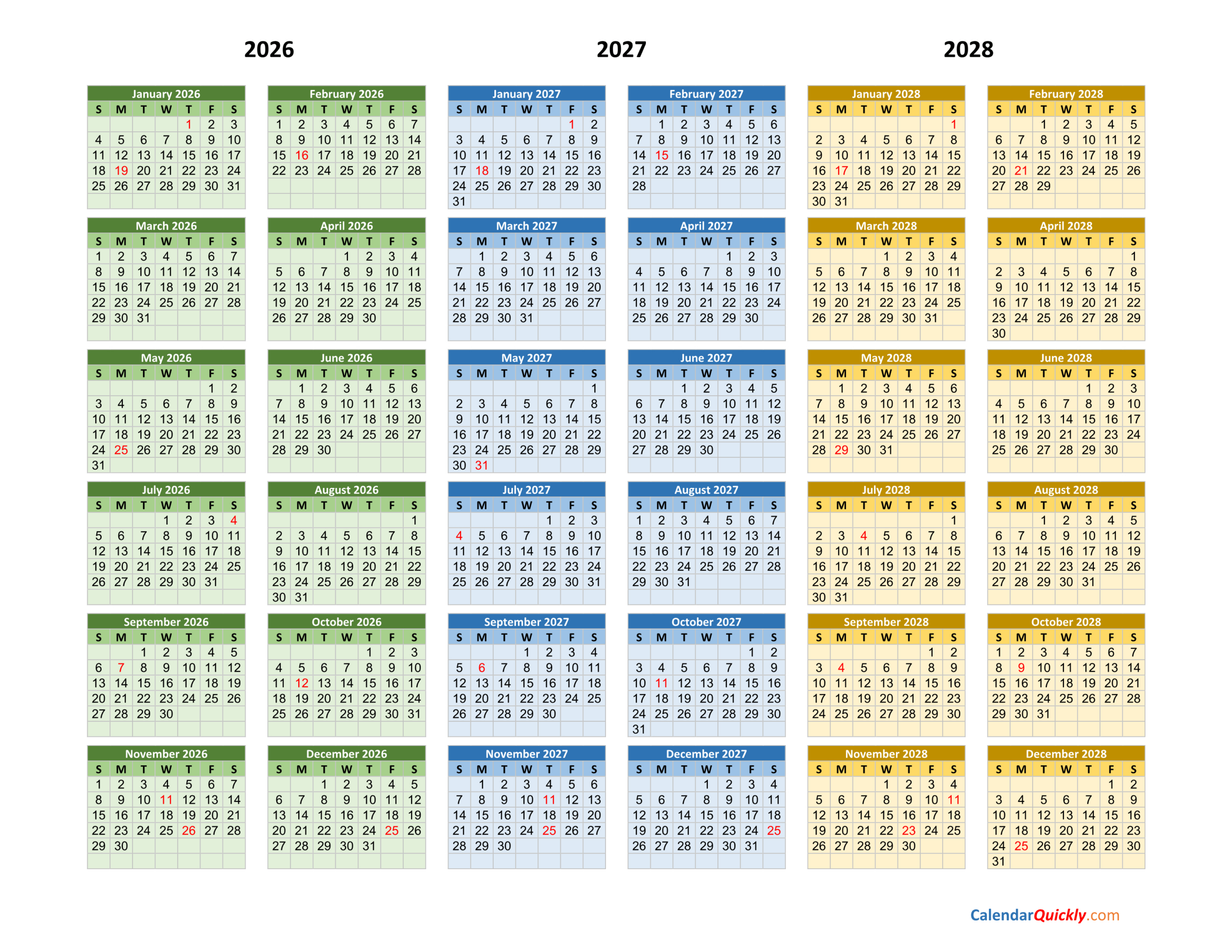 2026-2027-2028 Calendar | Calendar Quickly regarding Printable 3 Year Calendar 2026 2027 2028